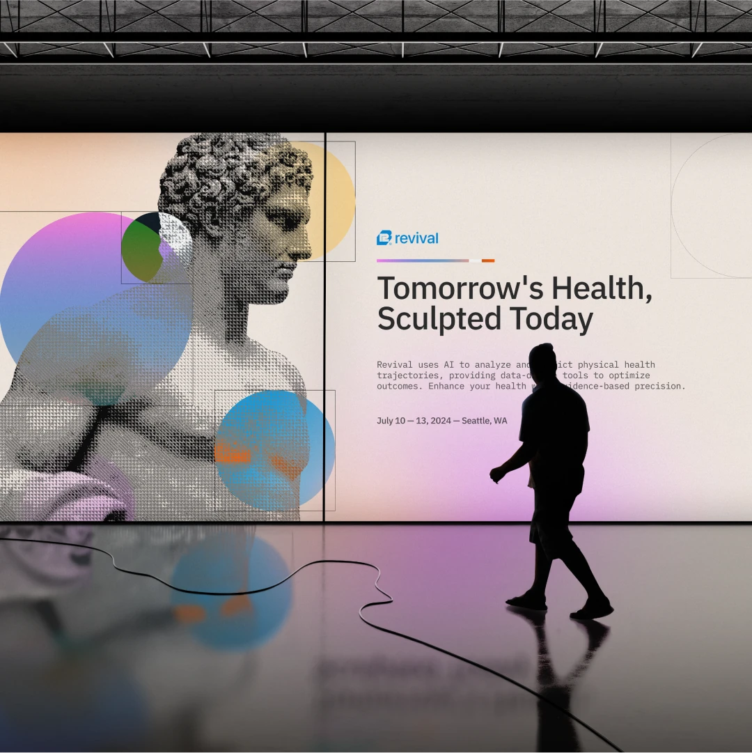 Man walking past a Revival screen, Tomorrow's Health, Sculpted Today, with a halftone classical sculpture