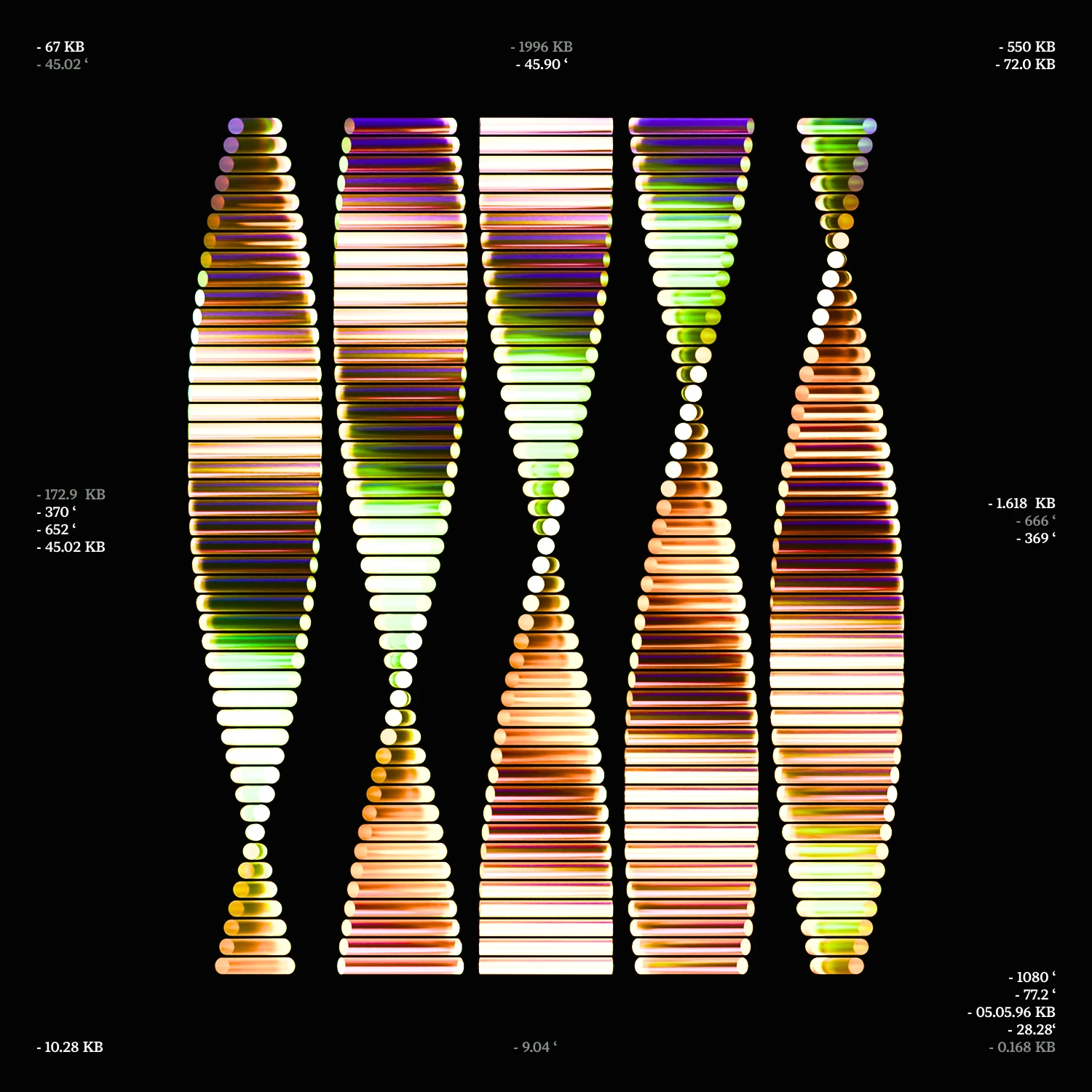 Sequence graphic: five DNA strands drawn from small lines in iridescent green, orange and violet